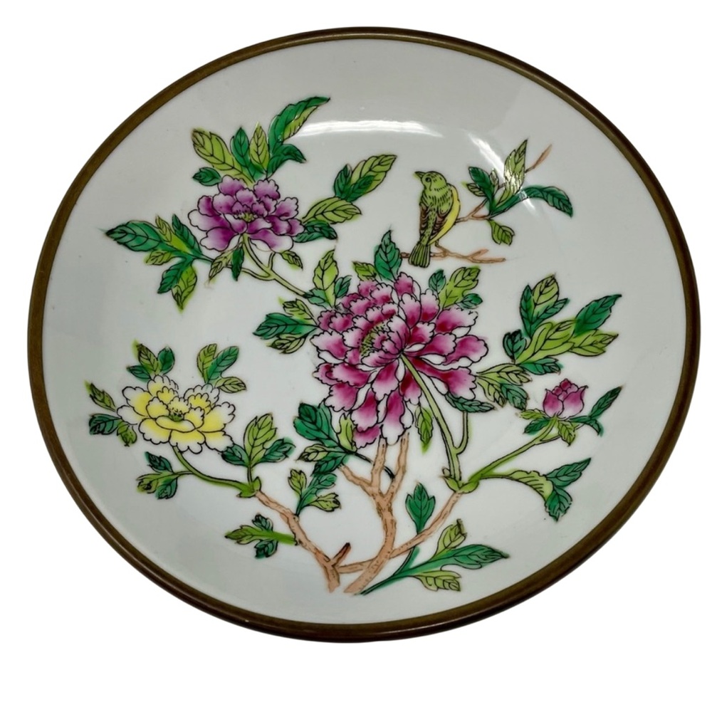 Japanese Porcelain Ware Encased in Brass Bowl 7 5/8” Bird & Flowers VTG